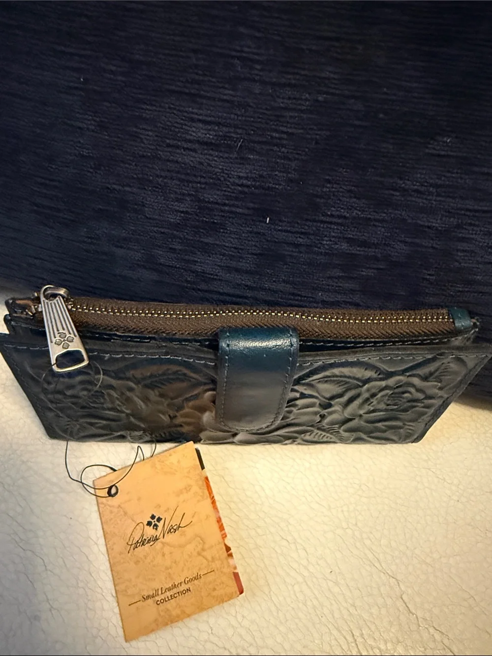 Patricia Nash Caribbean Blue Floral Embossed Leather Wallet